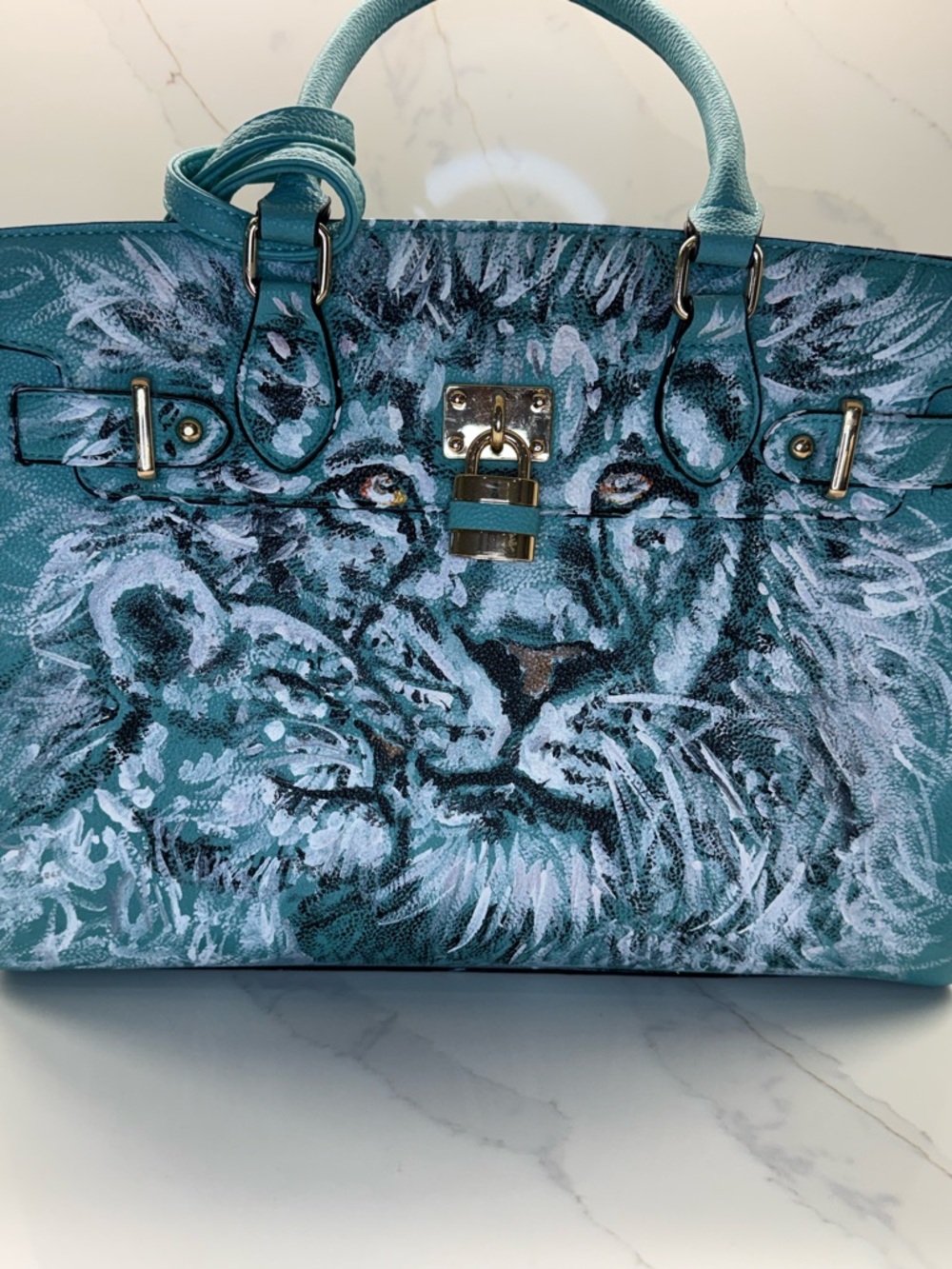 Hand-painted and artist signed - Teal Lion-Print Leather Satchel Handbag